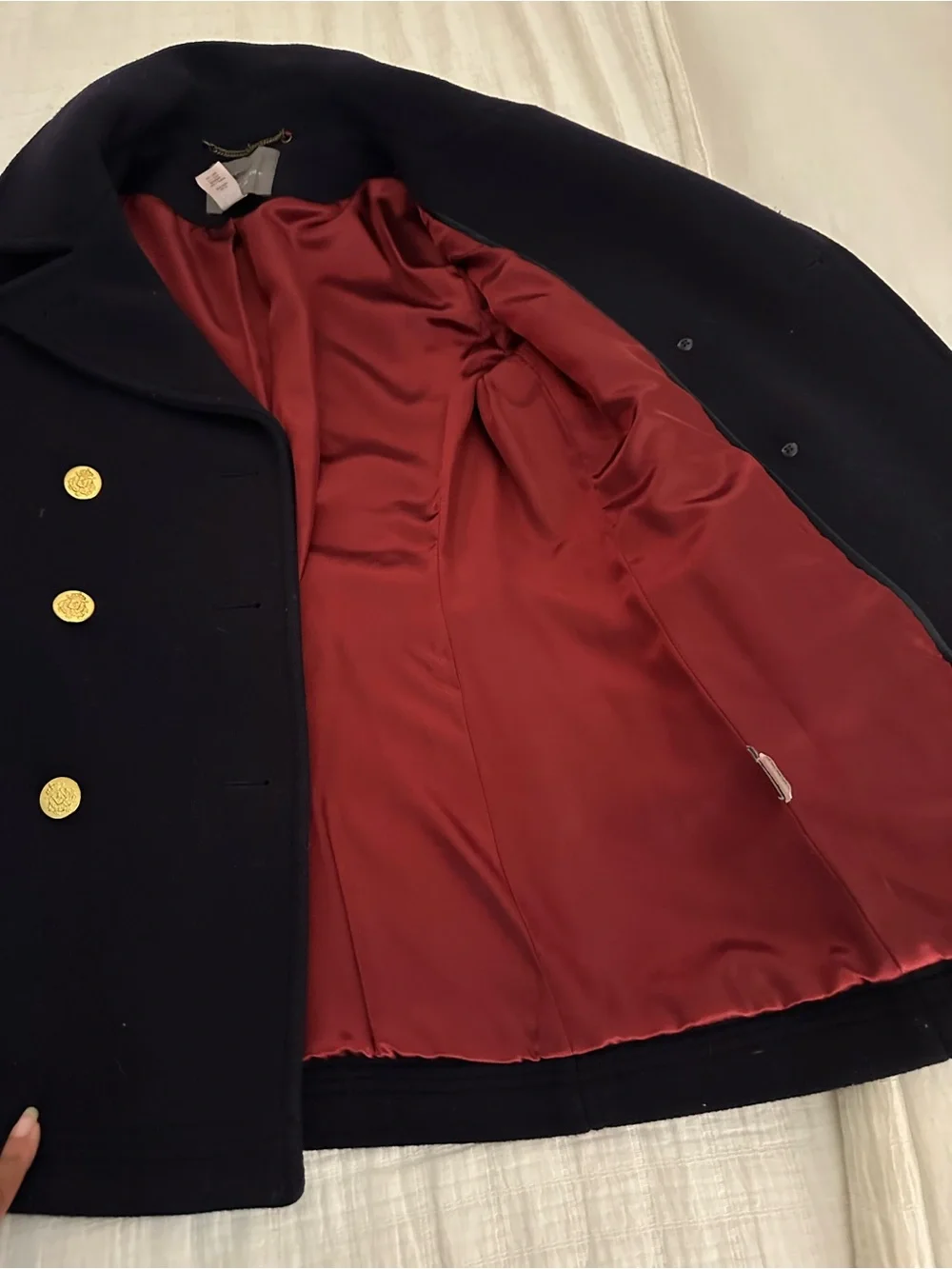 J. Crew Navy Stadium Fabric Peacoat with Red Lining and Gold Buttons